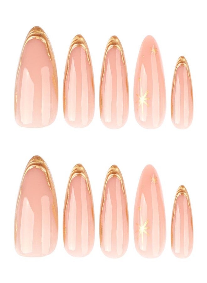 Foccna Press on Nails Almond Fake Nails with Gold Line Design Glue on Nails Acrylic Nails Glossy Full Cover Stick on Nails for Women 24Pcs - Image 4
